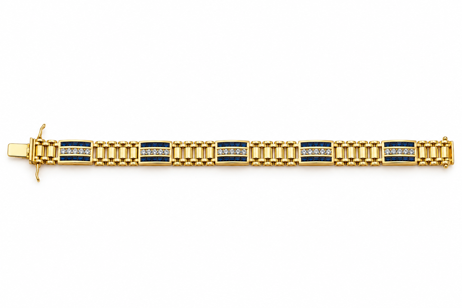 14K Yellow Gold Sapphire & Diamond Link Bracelet - 8"
