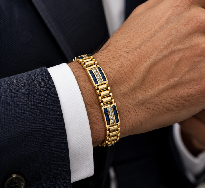 14K Yellow Gold Sapphire & Diamond Link Bracelet - 8"