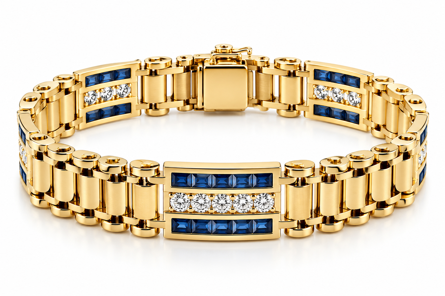 14K Yellow Gold Sapphire & Diamond Link Bracelet - 8"