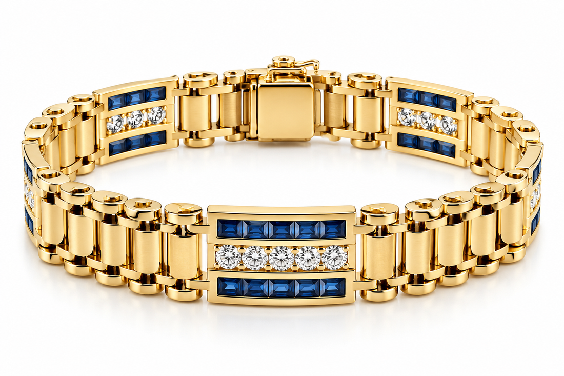 14K Yellow Gold Sapphire & Diamond Link Bracelet - 8"
