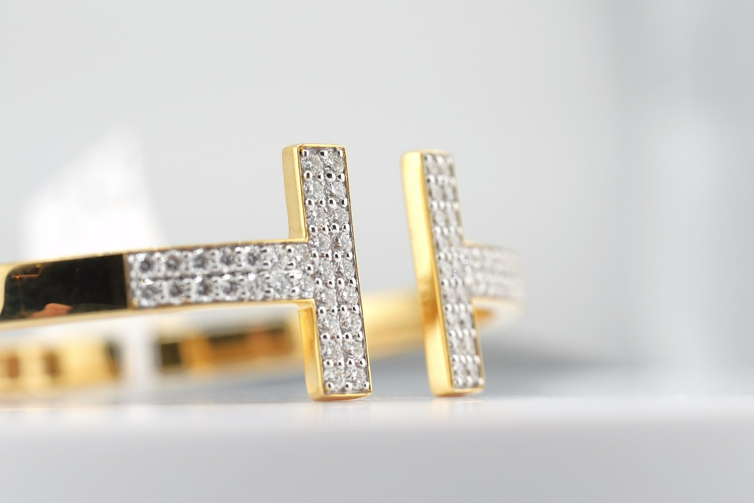 14K Yellow Gold Lab Diamond Pave T-Bar Bangle