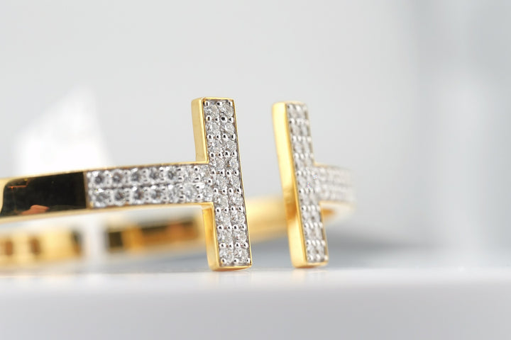 14K Yellow Gold Lab Diamond Pave T-Bar Bangle