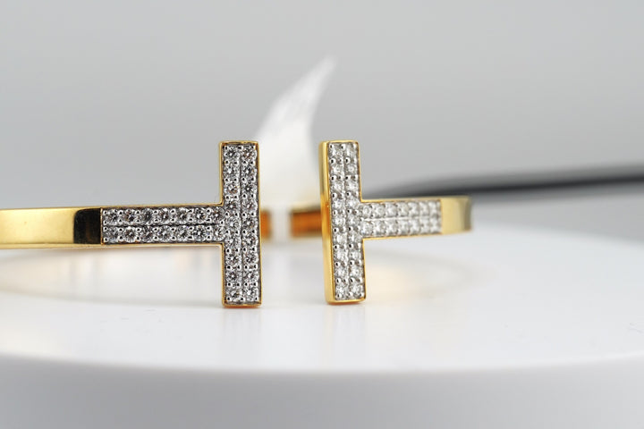 14K Yellow Gold Lab Diamond Pave T-Bar Bangle
