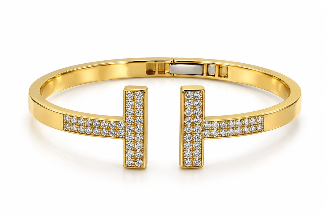 14K Yellow Gold Lab Diamond Pave T-Bar Bangle