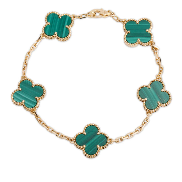 18K Yellow Gold Malachite Four-Leaf Clover Bracelet